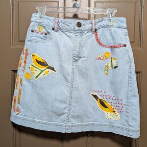 Upcycled Denim Mini Skirt Yellow Birds Applique Hand Embroidery Summer Skort